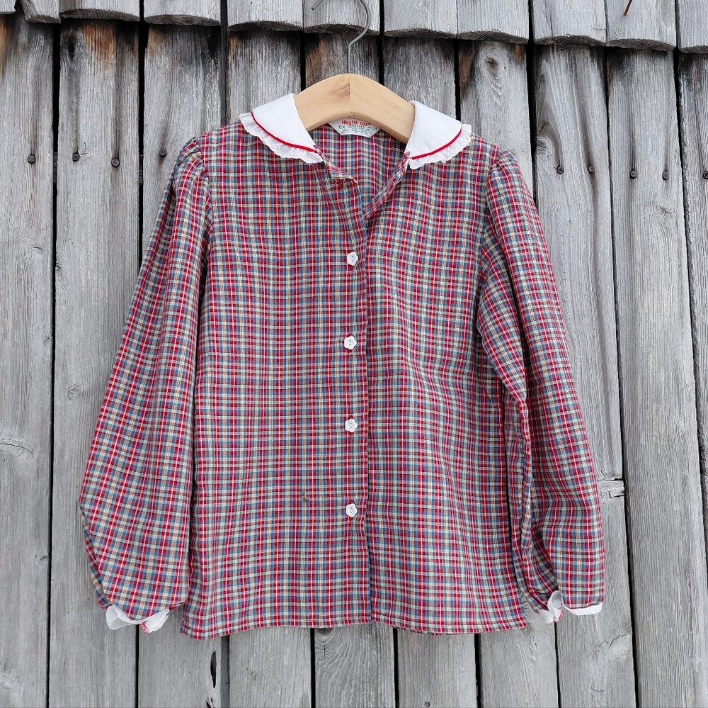 Vintage 70s Health Tex 6x Peter Pan bib collar plaid button girls shirt USA made